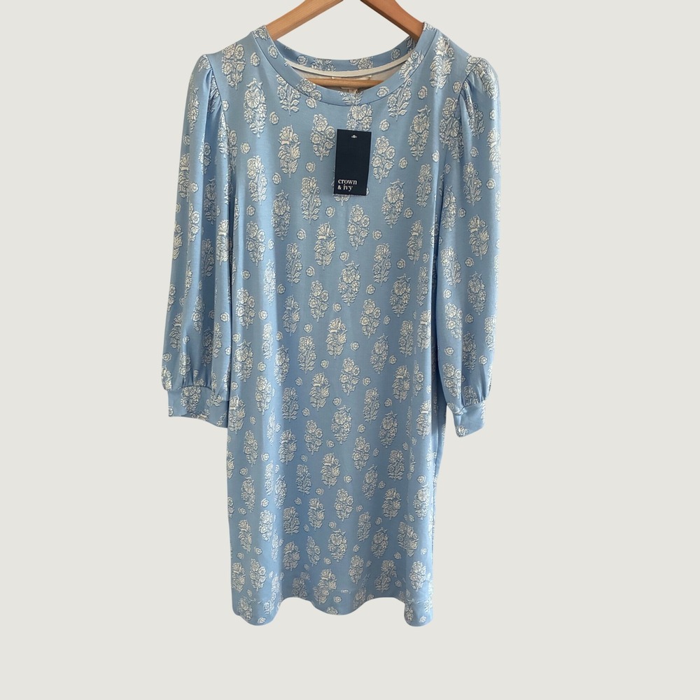 Crown & Ivy‎ Womens Blue Floral Long Sleeve Puff Shoulder T-Shirt Dress XL NWT